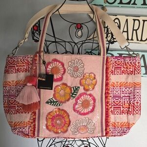America & Beyond Pink Embellished Hand Beaded Large Shoulder Tote Bag Pom Pom